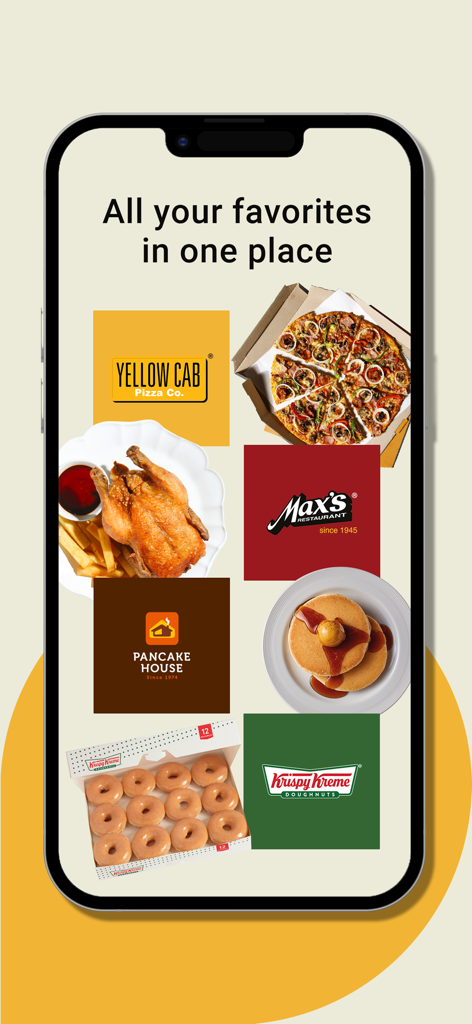 Max’s Group Delivers - Maxs Group Deliversアプリの画面には、Yellow Cab、Maxs Restaurant、Pancake House、Krispy Kremeの食品が表示されています。