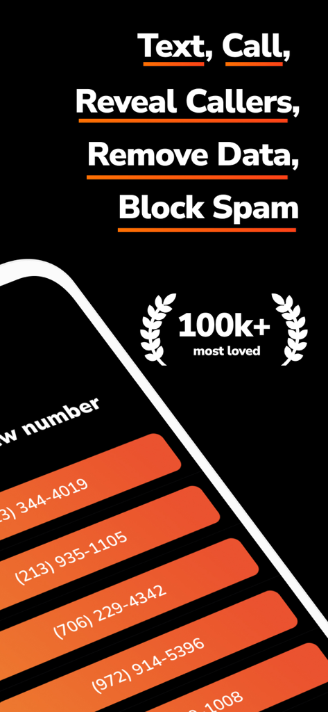 Ghost - Second Phone Number - Ghost app interface showing a list of available second phone numbers and key features like blocking spam and calling