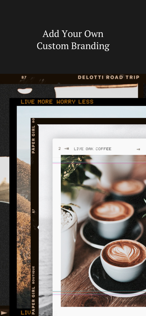 Storyluxe: Templates & Filters - Interfaz de la aplicación Storyluxe mostrando branding personalizado y plantillas de fotos de película vintage