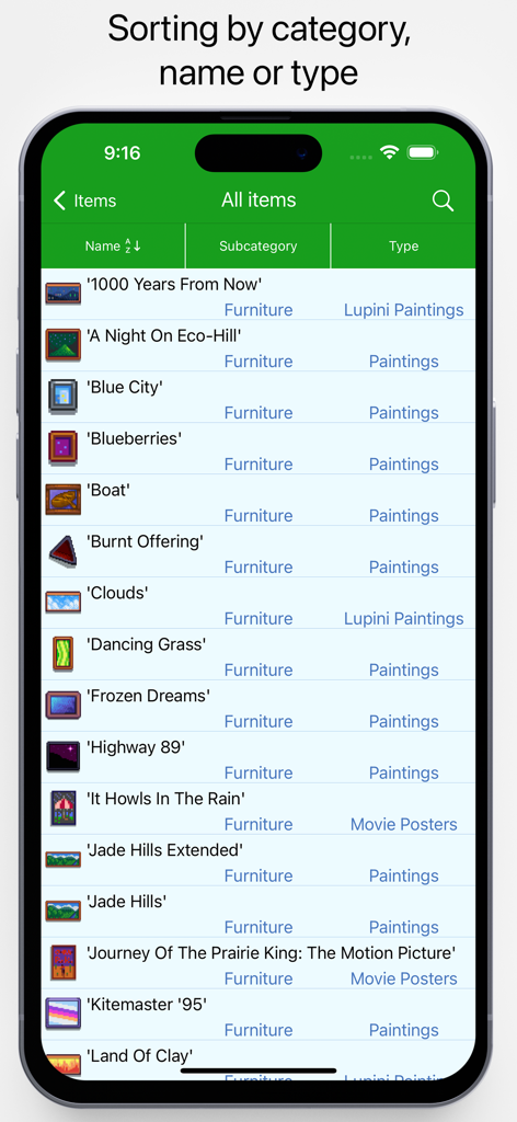 Database for Stardew Valley - Item sorting feature in the Database for Stardew Valley mobile app showing a list of furniture items.