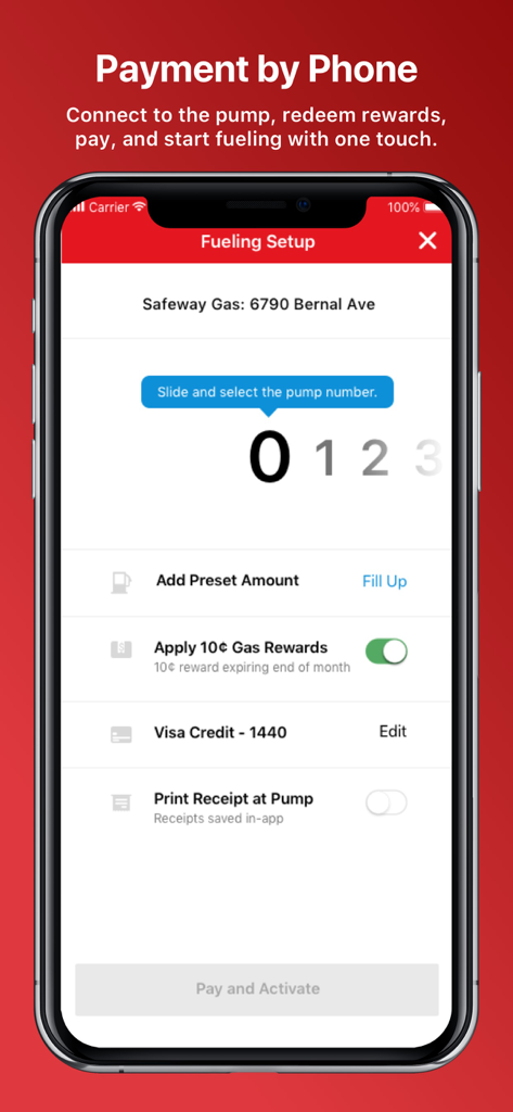 Safeway One Touch Fuel‪™‬ - Safeway One Touch Fuel app interface showing the fueling setup screen with options to select a pump number, apply gas rewards, and pay by phone