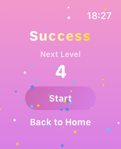 Happy Match for Watch - A tela de sucesso do Happy Match for Watch mostrando a transição para o próximo nível 4 com um botão de início