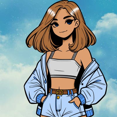 a realistic girl with a crop top and short shorts in an open jacket