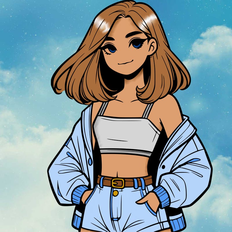 a realistic girl with a crop top and short shorts in an open jacket