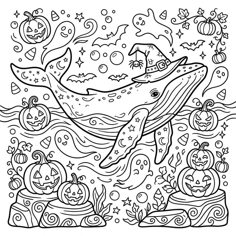 Prepare for an ocean of spooky fun with this unique Humpback Whale Halloween coloring page. Adorned with a witch's hat, our friendly whale swims among grinning pumpkins and playful ghosts, ready for your creative touch.