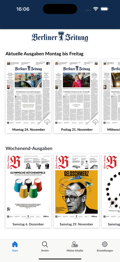 Startbildschirm der Berliner Zeitung E-Paper App, die tägliche und Wochenendzeitungsausgaben anzeigt