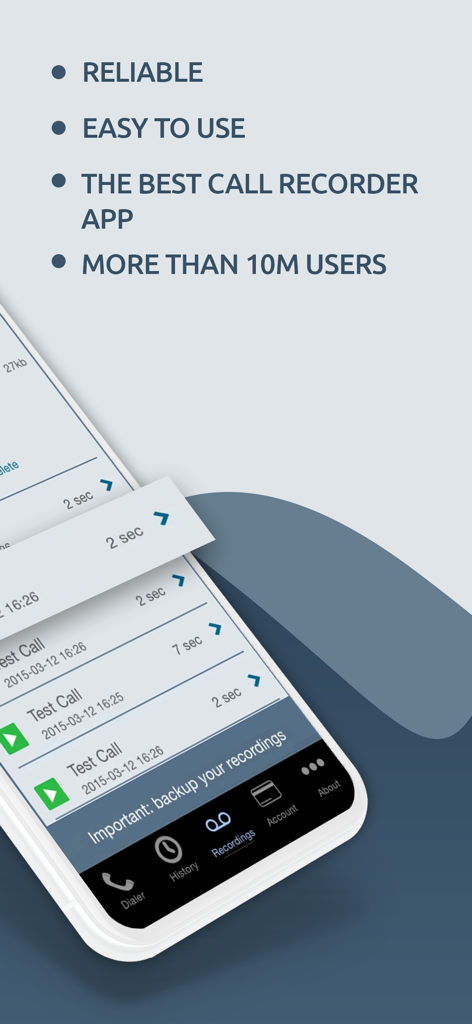 Screenshot of Call Recorder IntCall app highlighting its reliability and 10 million users