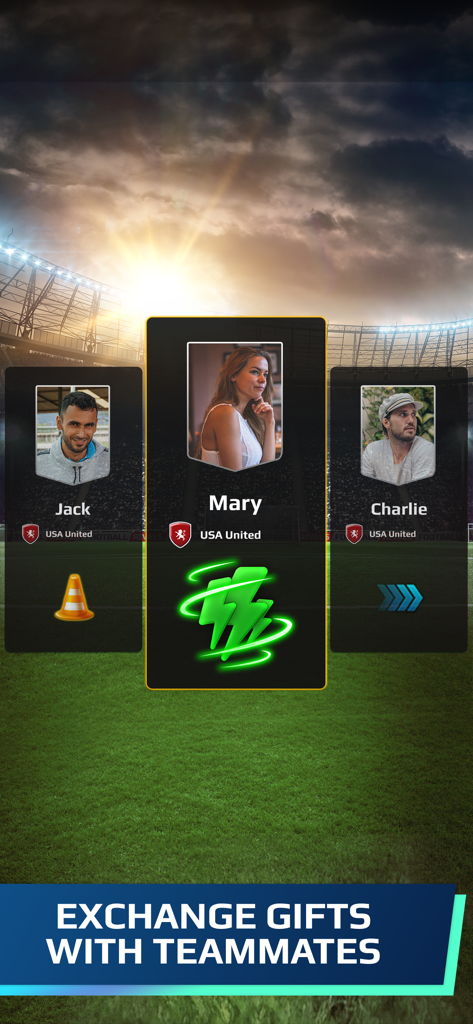 Football Rivals: Soccer Game - Football Rivals game screen showing gift exchange between teammates