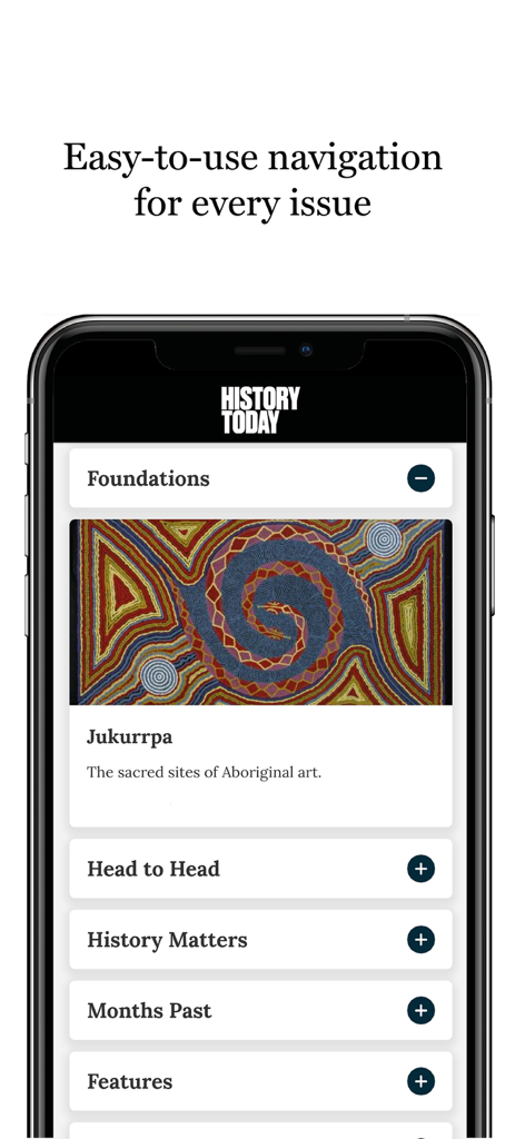 iPhone screen showing the History Today Magazine app with easy to use navigation categories like Foundations and History Matters