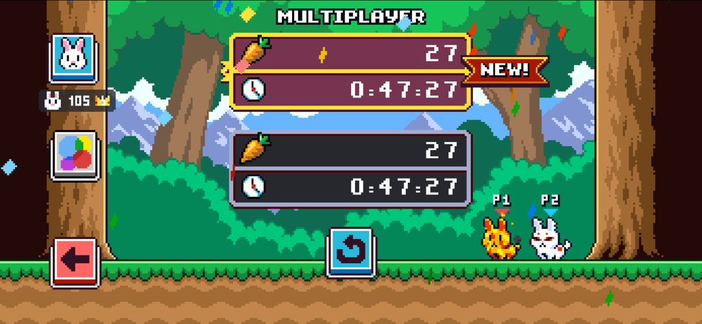 Poor Bunny! - Local multiplayer score screen in Poor Bunny game showing two pixel art rabbits in a forest setting