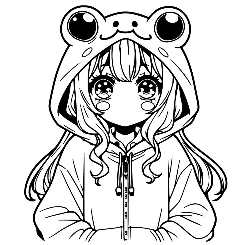 girl with anime eyes and a frog hoodie