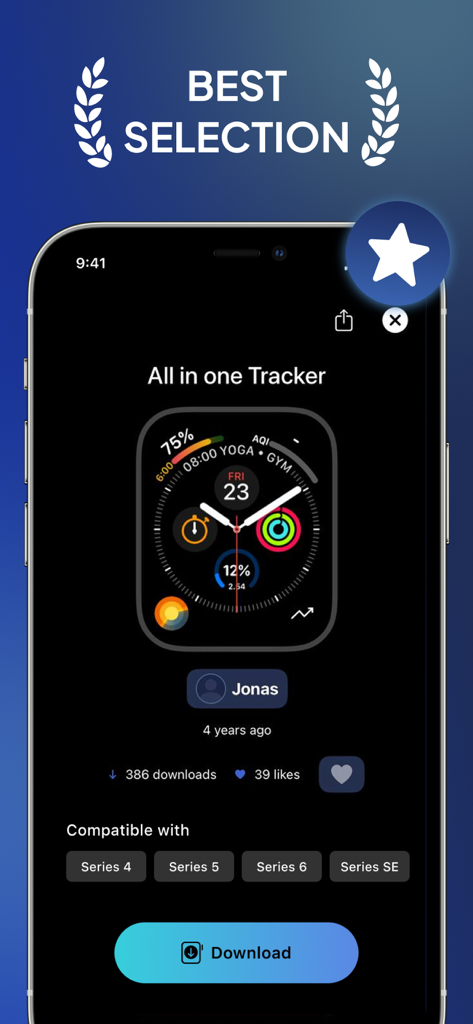 Watchfacelyアプリのインターフェースで、Apple Watch用のオールインワントラッカーウォッチフェイスが表示されている