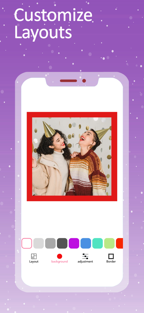 Photo Collage Maker & layout - Interfaz de la aplicación Photo Collage Maker mostrando opciones para personalizar diseños y fondos para fotos de amigos