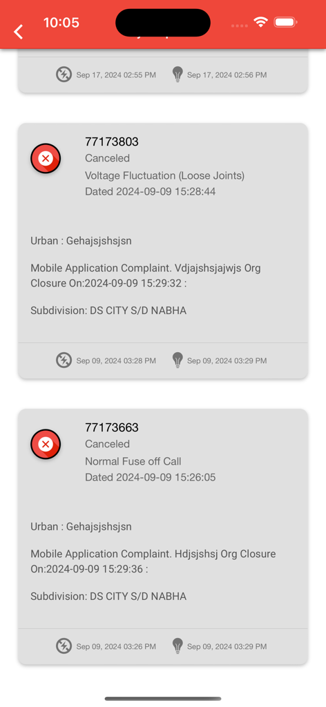 PSPCL Consumer Services - Interface de l'application PSPCL Consumer Services montrant une liste de plaintes d'électricité annulées avec des détails sur les fluctuations de tension et les problèmes de fusibles