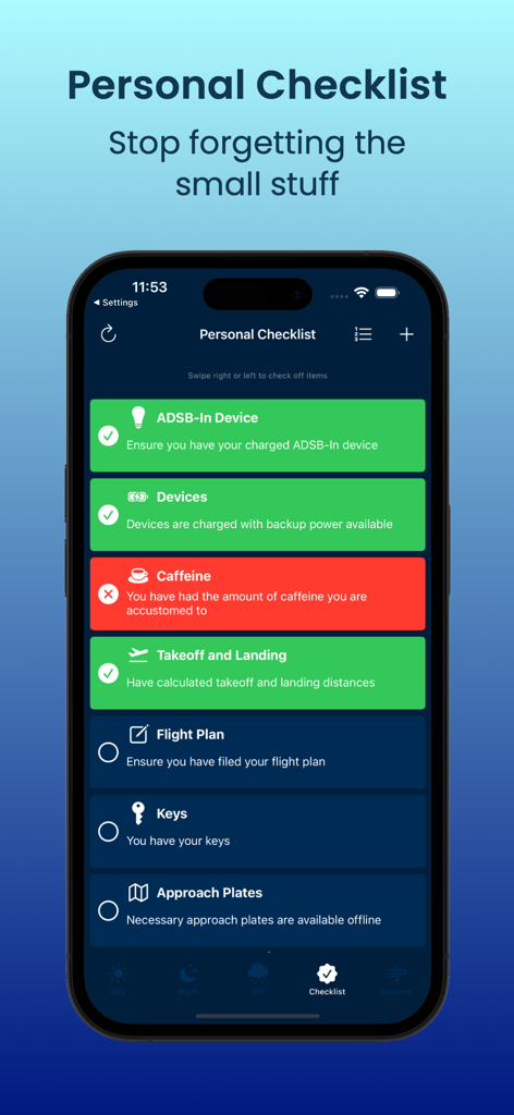 Minimums: Pilot Weather+Widget - Uma tela de celular mostrando o recurso de checklist pessoal do aplicativo Mínimos para pilotos com itens de segurança como planos de voo e status de carregamento do dispositivo.