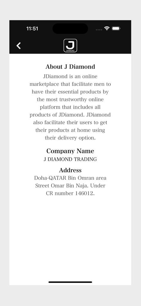 J Diamond Q - Pagina Chi siamo dell'app J Diamond Q che mostra la descrizione dell'azienda e la sua missione di fornire prodotti essenziali per gli uomini