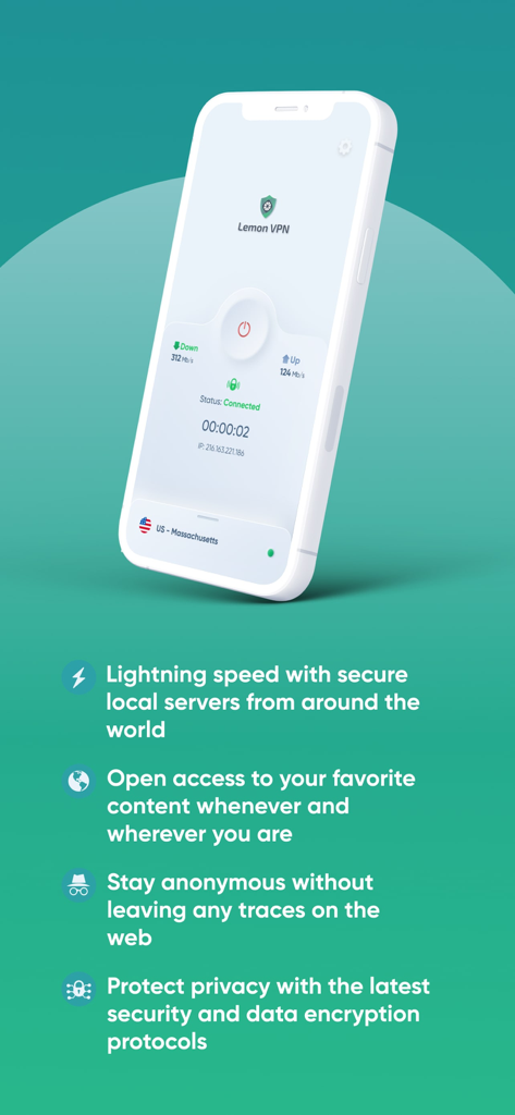 Interfaccia dell'app mobile Lemon VPN che mostra lo stato della connessione e le principali funzionalità di sicurezza