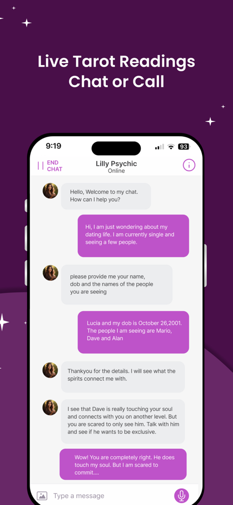 Zodiac Psychics: Tarot Reading - A live chat session between a user and a psychic advisor for dating advice