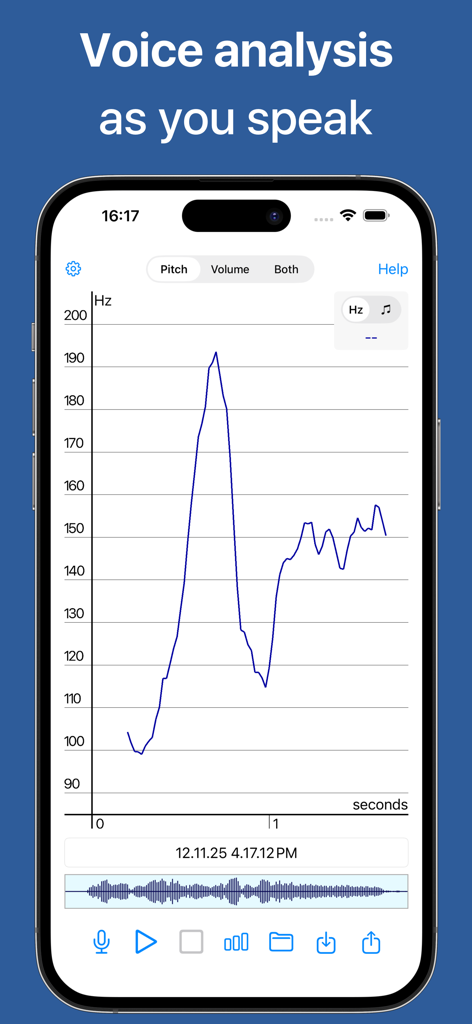 Gráfico de análise de tom de voz em tempo real no aplicativo móvel Voice Analyst