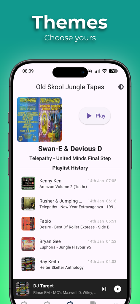 Old Skool Rave Tapes app interface showing a jungle tapes playlist and theme customization options