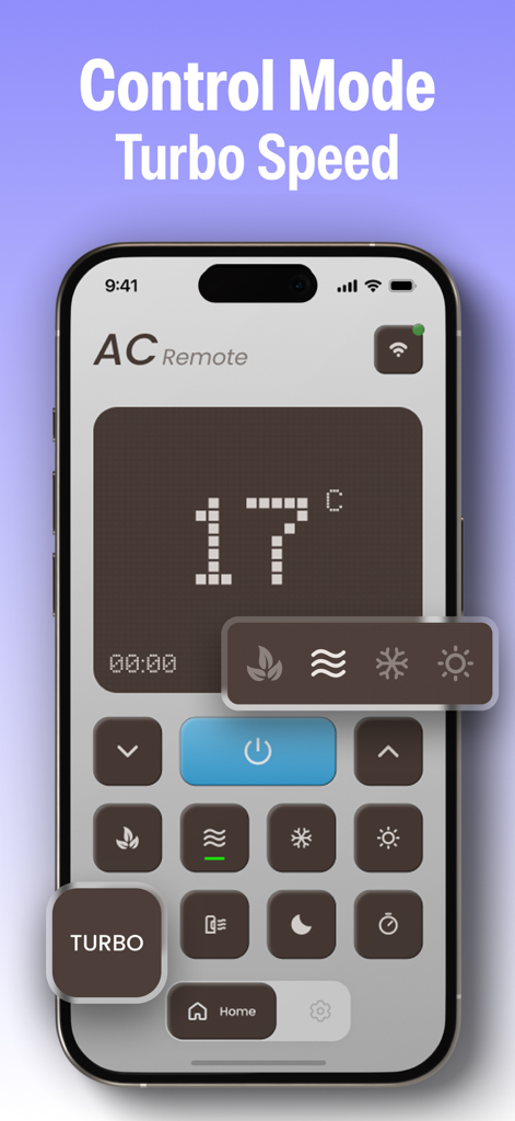 Interface do aplicativo Air Conditioner Pro mostrando modos de controle remoto de AC e velocidade turbo no iPhone