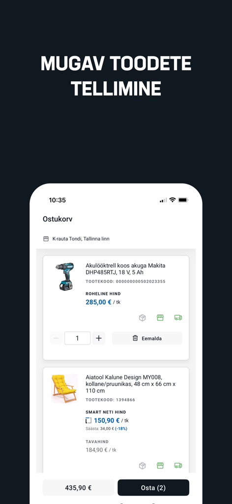 Interface do carrinho de compras da aplicação K-rauta a exibir um berbequim Makita e uma cadeira de jardim com preços de desconto para membros SMART NET