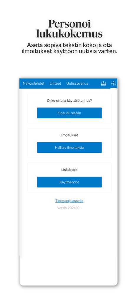 Pielisjokiseutu, päivän lehti - Personalization screen of the Pielisjokiseutu news app showing login and notification settings.