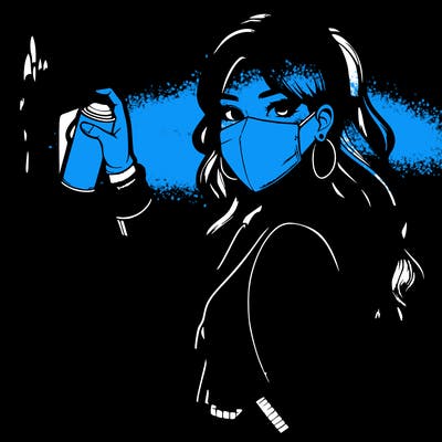 realistic girl with mask spray painting a wall