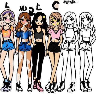 a group of girls wearing crop tops and shorts