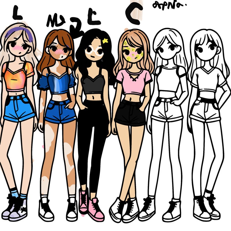 a group of girls wearing crop tops and shorts