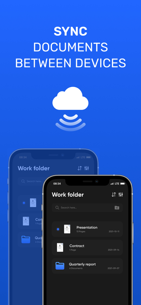 Document Scanner app interface showing document synchronization across devices via the cloud.