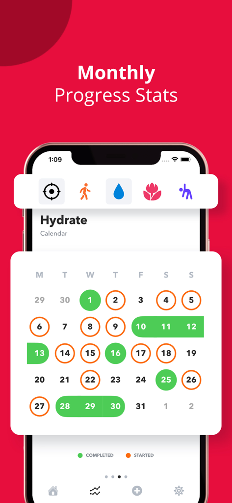 HabitMinder • Habit Tracker - HabitMinder app interface showing a monthly calendar for tracking hydration habits with green and orange progress indicators