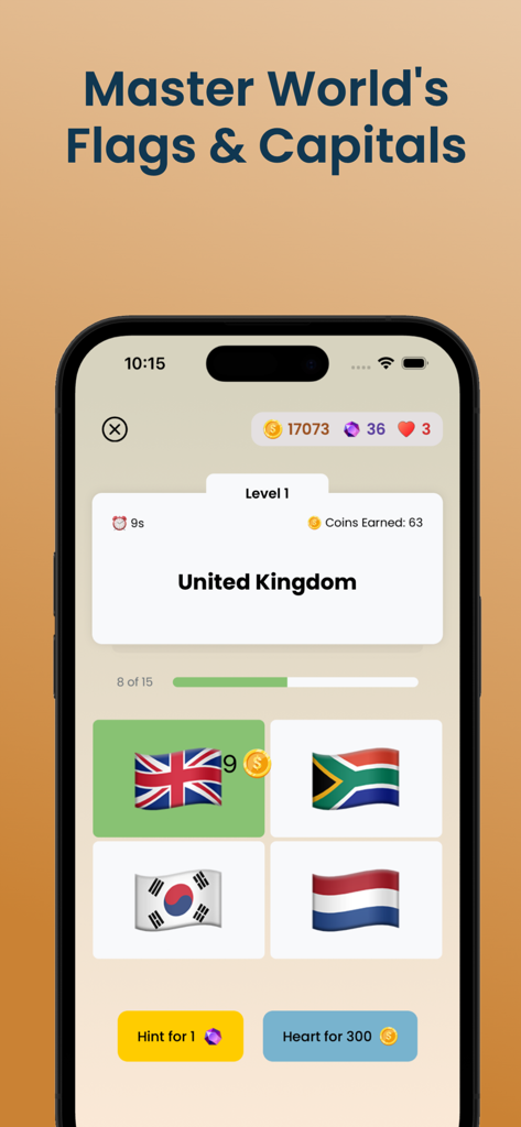 Flagsy - World Geography Quiz - Capture d'écran de l'application Flagsy montrant un niveau de quiz de géographie où l'utilisateur identifie le drapeau du Royaume-Uni parmi quatre options.