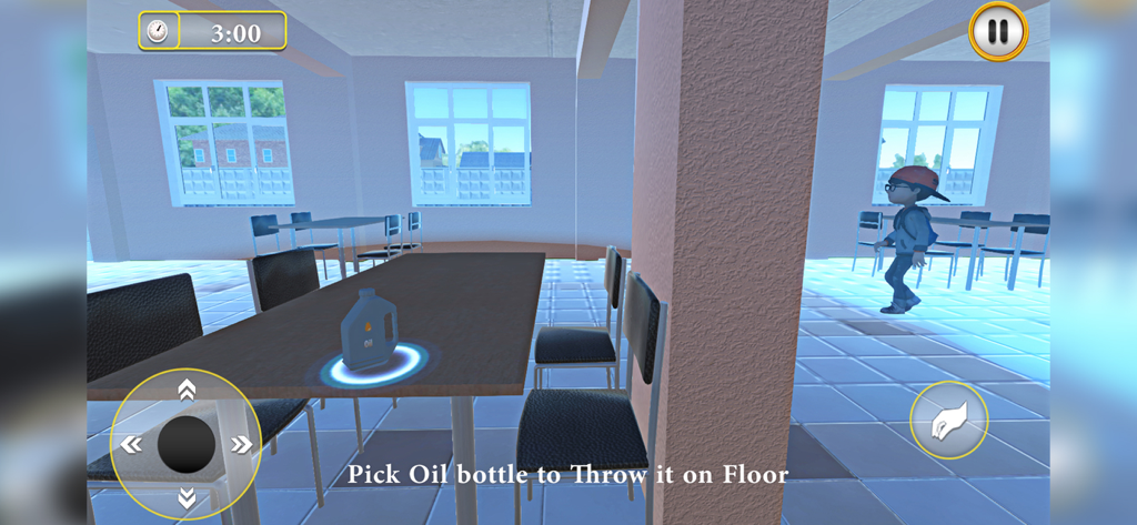 Scary Teacher - Creepy Game 3D - Captura de pantalla del juego de un personaje estudiante preparando una broma de botella de aceite en una cafetería escolar