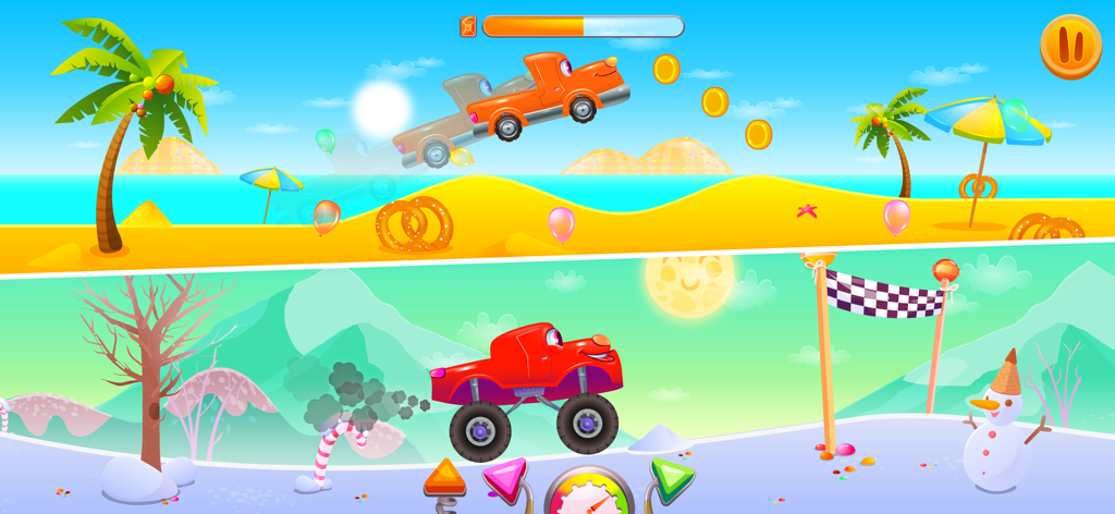 Funny Racing Cars - Split screen of Funny Racing Cars showing a beach level and a candy winter level with cartoon vehicles