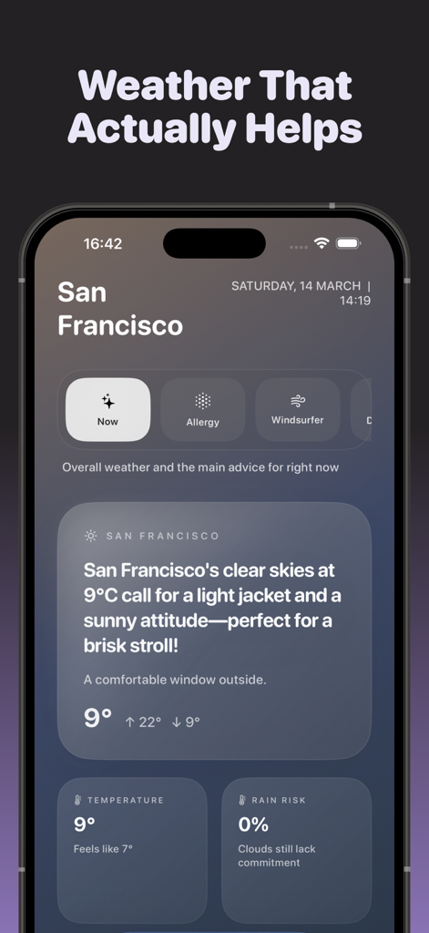 Smartphone screen showing Weather Assistant AI app with personalized weather advice and specialist modes for San Francisco