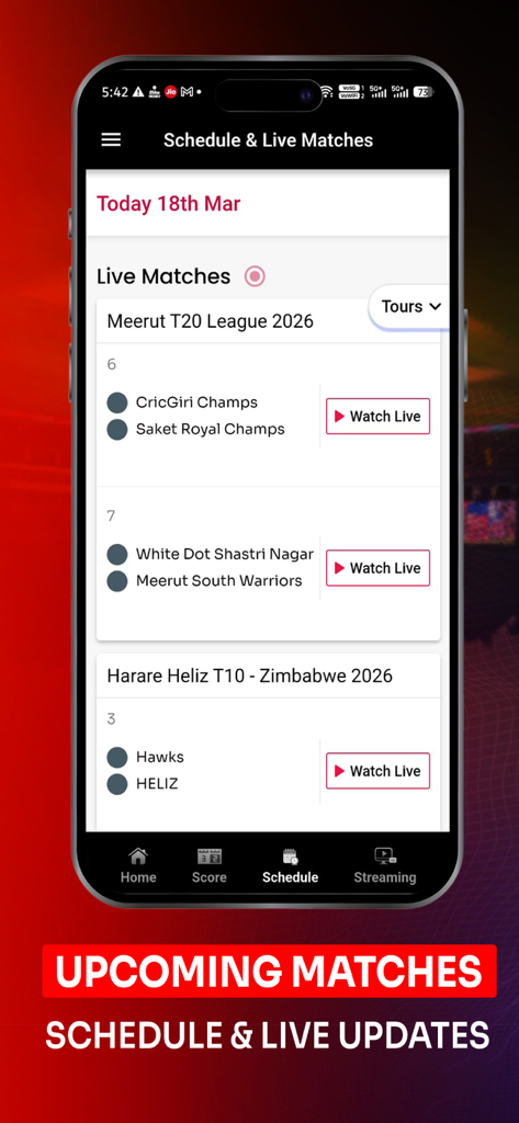 Sandbrix - Sandbrix app interface showing a list of live cricket matches and daily schedules for leagues like T20 and T10.