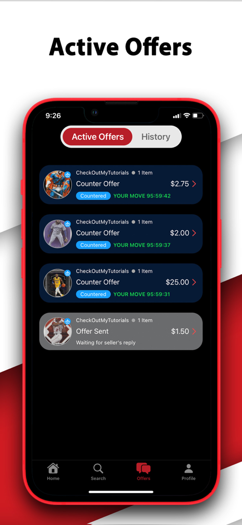 COMC - Check Out My Cards - The active offers interface on the COMC app displaying current buy and sell offers for trading cards.
