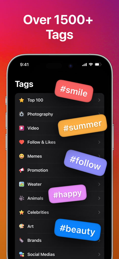 Screenshot of InSaver app showing a variety of trending hashtag categories and tag suggestions for social media posts.