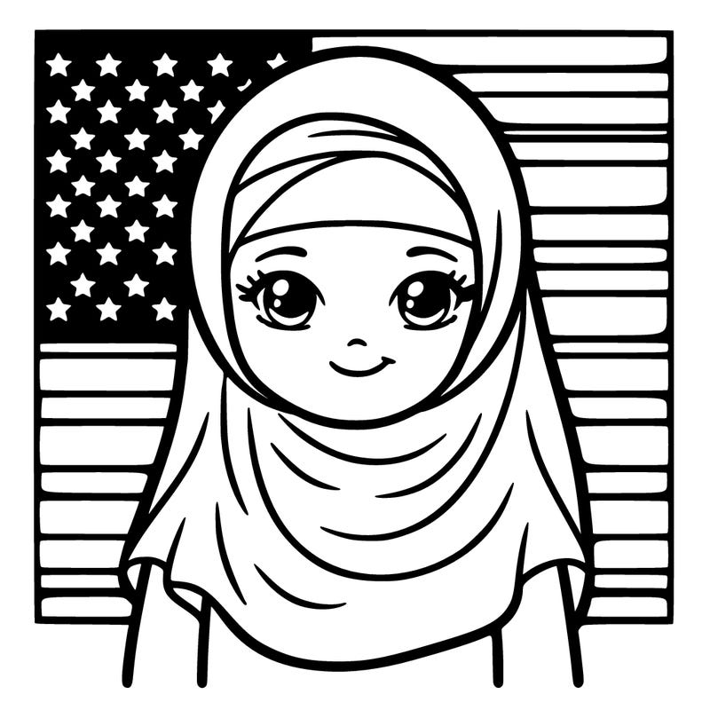 a muslim woman with a veil and an american flag behind her realsitic