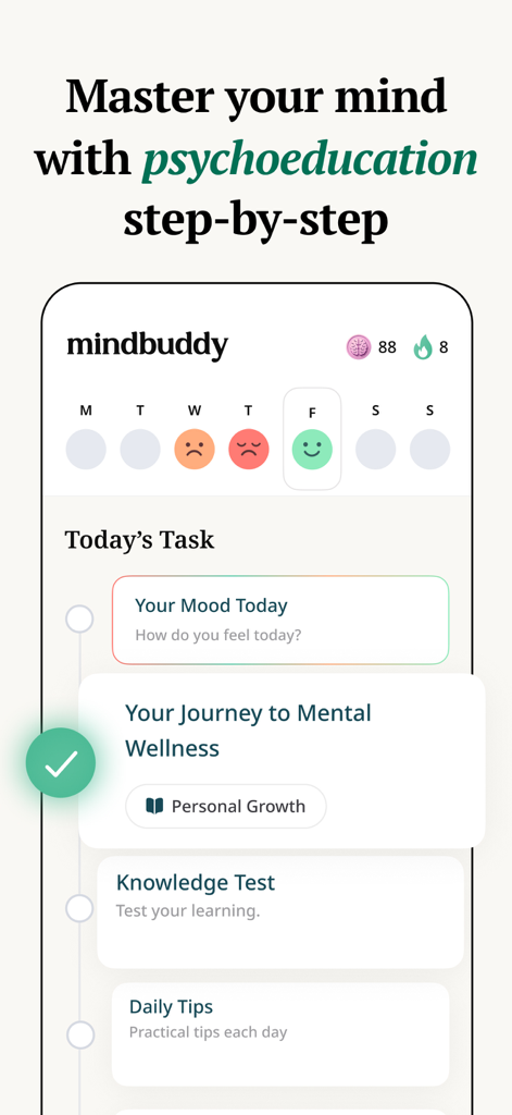 MindBuddy: Mood Journal & CBT - Interface of the MindBuddy app showing a daily task list for mental wellness including mood tracking and knowledge tests