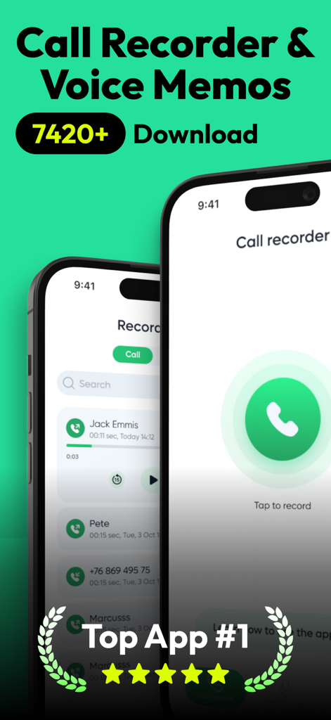 Screenshot of the Call Recorder and Voice Memos app interface showing call logs and a recording button on an iPhone
