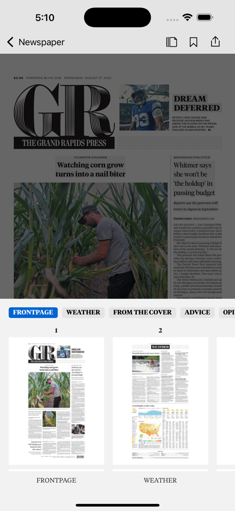 Grand Rapids Press - The Grand Rapids Press mobile app showing a digital replica of the newspaper front page and section navigation