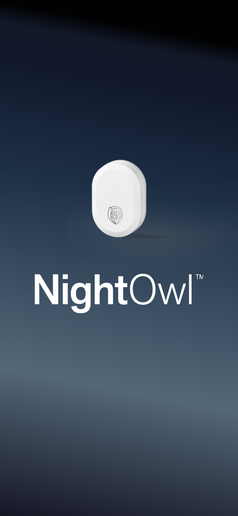 Schermata di avvio dell'app NightOwl Companion che mostra il sensore medico da dito e il logo del marchio
