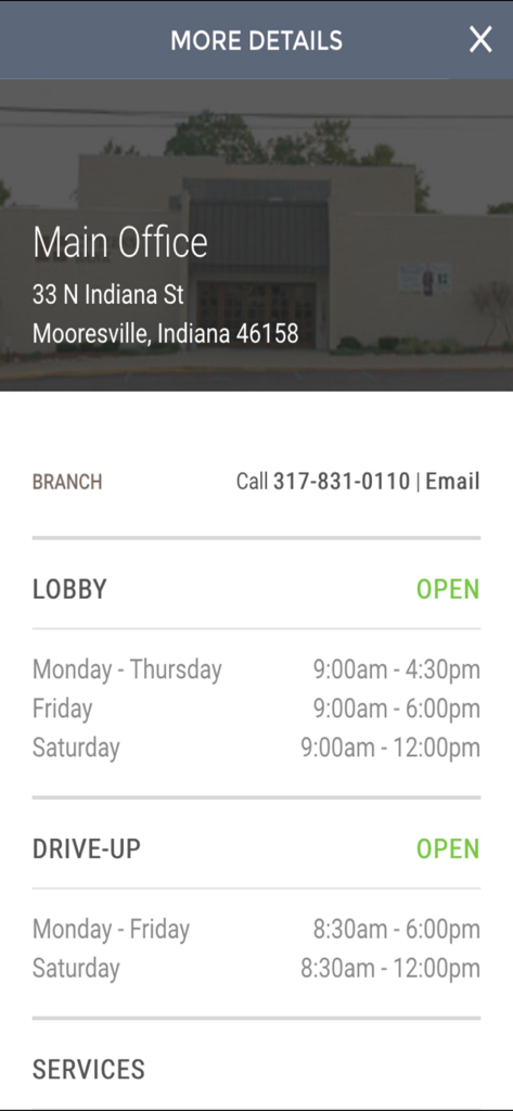 Citizens Bank (IN) - Citizens Bank Indiana mobile app screen displaying branch location details and lobby hours for the Mooresville main office