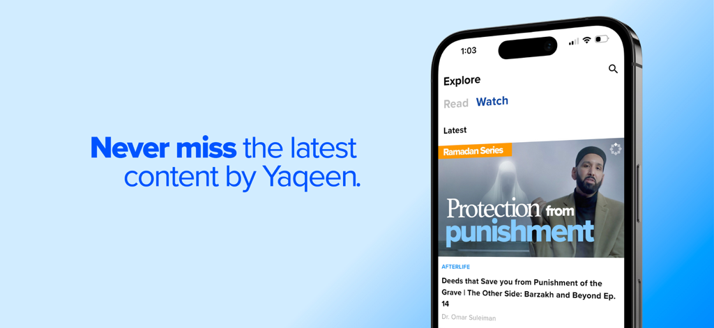 Yaqeen Institute - Smartphone showing the Yaqeen Institute app interface with a video lecture by Omar Suleiman