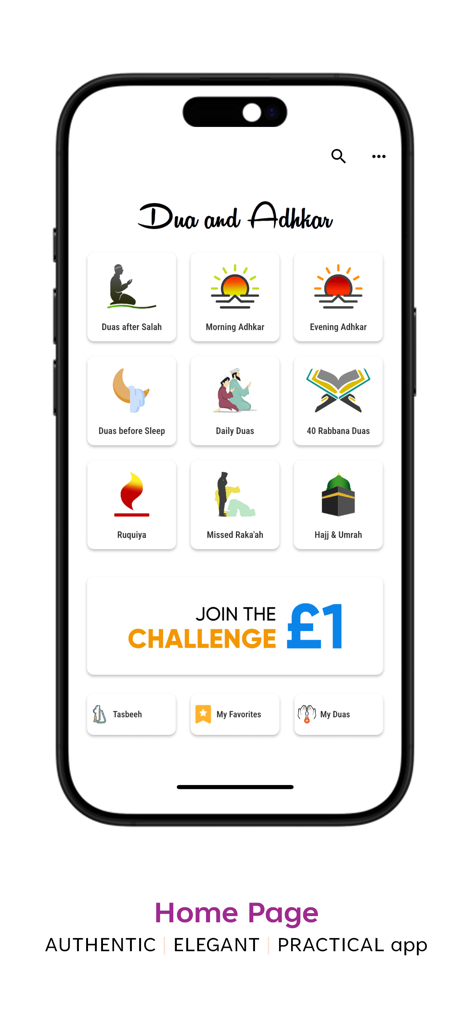 Dua & Azkar - Dua and Azkar app home screen showing various Islamic prayer categories and a tasbeeh counter.