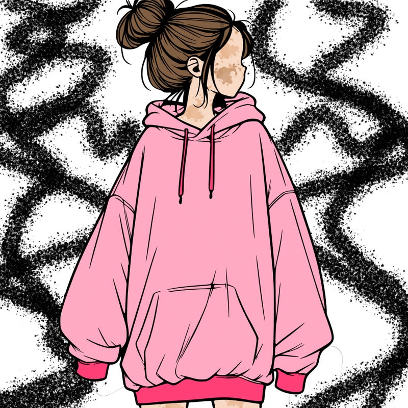 realistic girl with a oversized sweatshirt on and a bun