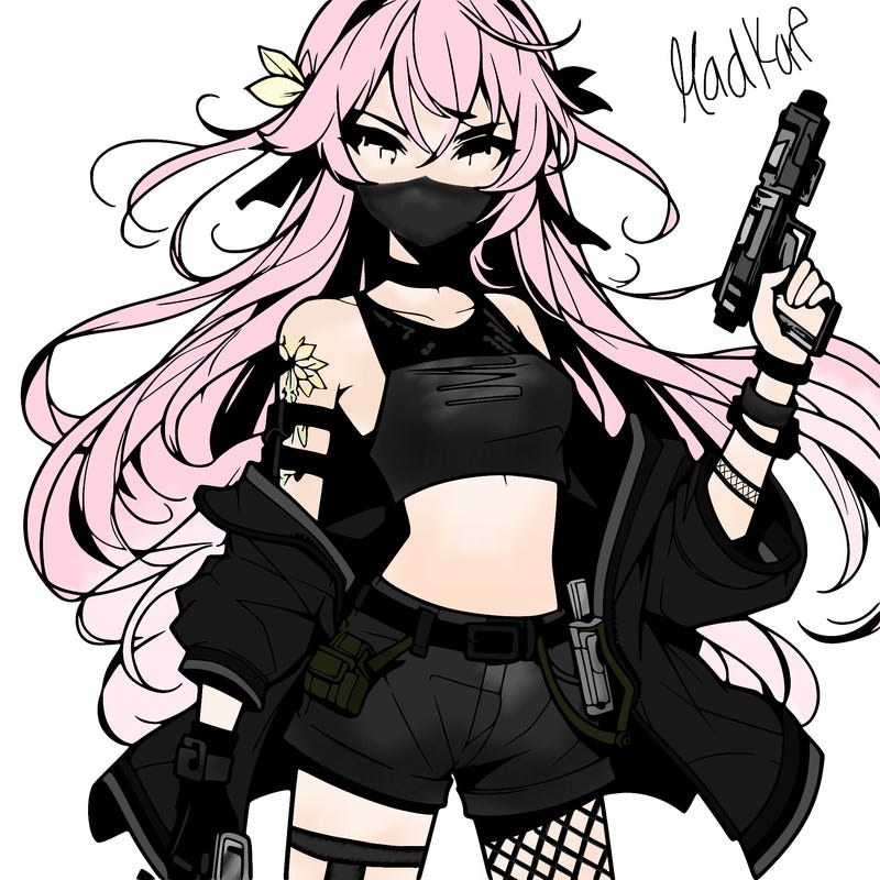 bad girl wearing crop top holding a gun long hair anime