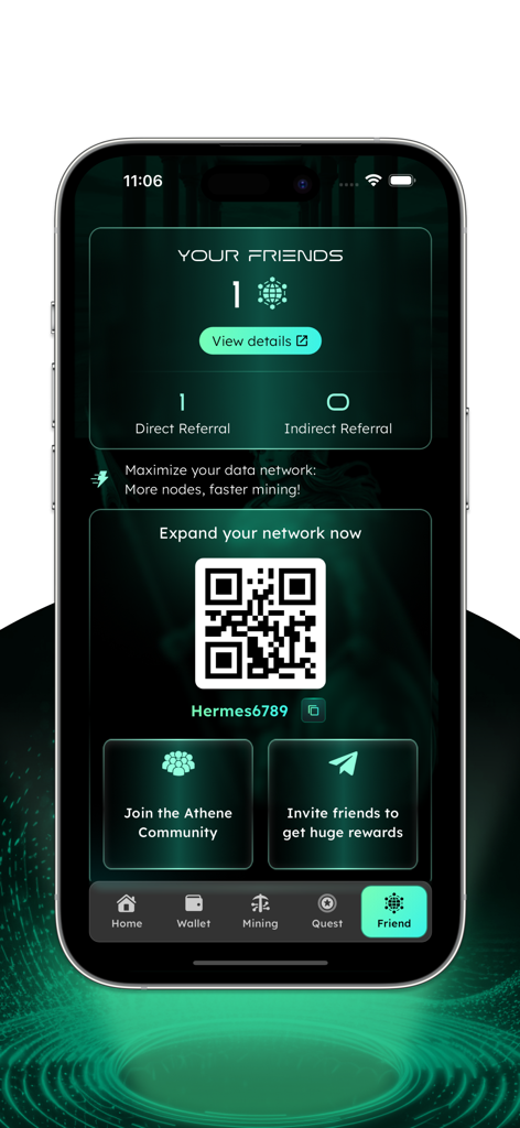 Athene Network - Interface de indicação de amigos do aplicativo móvel Athene Network com código QR e estatísticas do nó da rede